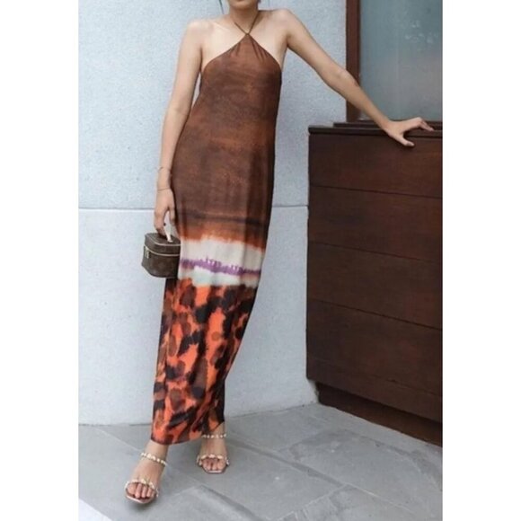 Zara Tulle Blogger's fav Halter Brown & Orange Maxi Dress sz S - Picture 1 of 11